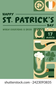 Saint Patrick's day geometric vertical poster in retro style with symbols of luck. Shamrock, leprechaun shoe, rainbow, golden coin, beer. Vector template with Irish Elements in green tones. 