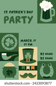Saint Patrick's day geometric vertical poster in retro style with symbols of luck. Shamrock, leprechaun hat, pipe, horseshoe, moustache, beer. Vector template with Irish Elements in green tones. 