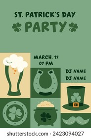 Saint Patrick's day geometric vertical poster in retro style with symbols of luck. Shamrock, leprechaun hat, pot of golden coins, moustache, beer. Vector template with Irish Elements in green tones. 