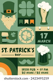 Saint Patrick's day geometric vertical poster in retro style with symbols of luck. Shamrock, leprechaun hat and shoe, rainbow, moustache, beer. Vector template with Irish Elements in green tones. 