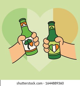 Saint Patrick's Day Geschenkkarte, Design für Prominente mit irischer Flagge und Bier. Holiday Poster, Grußbanner, trendiger T-Shirt-Druck. grüner Hintergrund