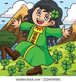 Saint Patricks Day Girl Dancing Colored Cartoon