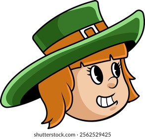 Saint Patrick's Day Girl Head Leprechaun Cartoon Character in Retro Illustration