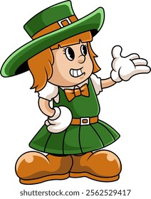 Saint Patrick's Day Girl Leprechaun Cartoon Character in Retro Illustration