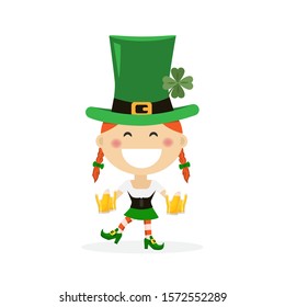 Saint Patricks day with girl in traditional dress and headgear. Ireland celebration festival irish and lucky theme. Vector illustration