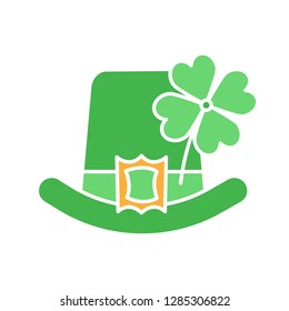 Saint Patrick's Day glyph color icon. March 17th. Leprechaun hat with four leaf clover. Silhouette symbol on white background with no outline. Negative space. Vector illustration