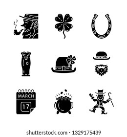 Saint Patrick's Day glyph icons set. March 17. Feast of St. Patrick. Silhouette symbols. Vector isolated illustration