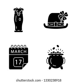 Saint Patrick's Day glyph icons set. Silhouette symbols. Feast of St. Patrick. Glass of ale, bowler hat with four leaf clover, March 17 calendar date, pot of gold. Vector isolated illustration