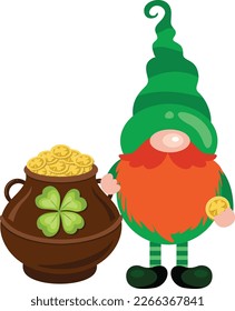 Saint Patricks Day gnome with pot full of gold coins
