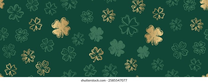 Saint Patricks Day, Gold Clover pattern on green, hand drawn illustrations.