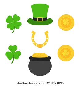 Saint Patrick's Day. Gold coins, clovers, horseshoe and cylinder hat. Set of elements for Patrick's Day.