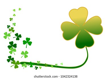 Saint Patricks day, gold and green shamrock clover on white background. Vector illustration. Use as background, greeting card, or graphic design in concepts of holiday celebration, lucky, happiness.