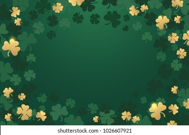 Saint Patricks Day. Green background with golden and green leaves of clover and place for writing. Vector illustration.