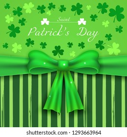 Saint Patrick's Day green background, greeting card with shamrocks and 3d realistic bow. Holiday web banner, poster, wallpaper. Vector.