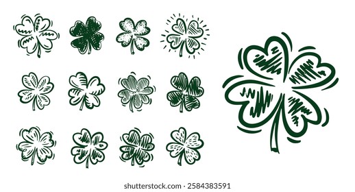 Saint Patricks Day, Green Clover set on white, hand drawn illustrations.	