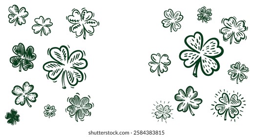 Saint Patricks Day, Green Clover set on white, hand drawn illustrations.	