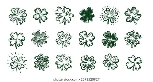 Saint Patricks Day, Green Clover set on white, hand drawn illustrations.	