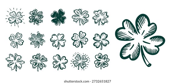 Dia de São Patrícios, Trevo Verde definido em branco, ilustrações desenhadas à mão.	