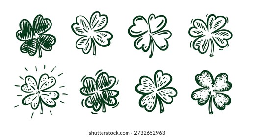 Saint Patricks Day, Green Clover set on white, hand drawn illustrations.