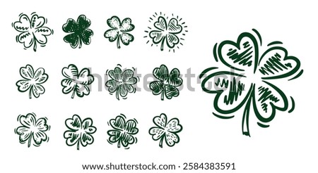 Saint Patricks Day, Green Clover set on white, hand drawn illustrations.	