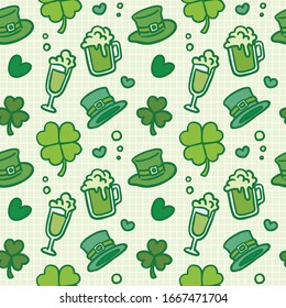 Saint Patrick's Day green elements on a greed background seamless pattern.