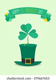 Saint Patrick's Day green hat with clover on top - vector illustration