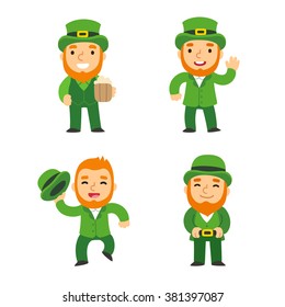 Saint Patricks Day green leprechauns set. Cute cartoon leprechauns in different poses. Isolated vector illustration.