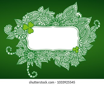 Saint Patrick's Day green ornate vector frame with clover shamrock leaves. Irish festival celebration greeting card design background. Nature floral spring backdrop.