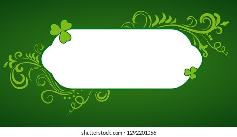 Saint Patrick's Day green ornate vector frame with clover shamrock leaves. Irish festival celebration greeting card design background. Nature floral spring backdrop.