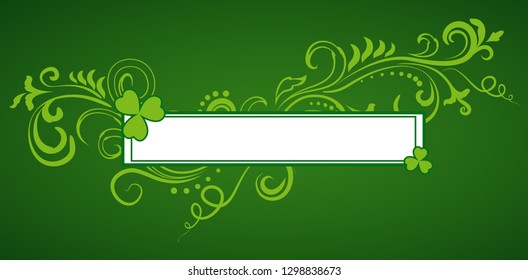 Saint Patrick's Day green ornate vector frame with clover shamrock leaves. Irish festival celebration greeting card design background. Nature floral spring backdrop.