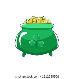 Saint Patricks Day. Green pot of gold coins and shamrocks.