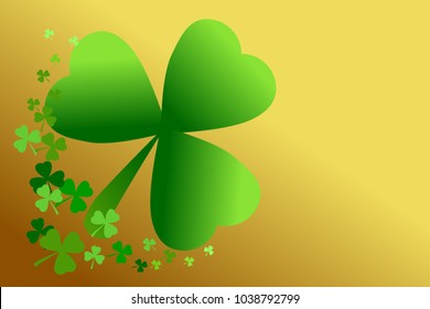 Saint Patrick's day green shamrock clover pattern on gold gradient background. Use as background, greeting card, or element for graphic design in concepts of holiday celebration, lucky, happiness.