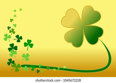 Saint Patricks day green shamrock clover on gold gradient background. Vector illustration. Use as background, greeting card, or graphic design in concepts of holiday celebration, lucky, happiness.