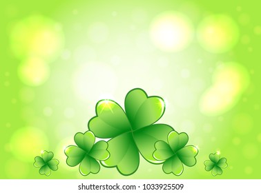 Saint Patrick's Day green vector frame with glowing lights and clover leaves. Irish festival celebration greeting card design background. Nature floral spring backdrop.