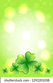 Saint Patrick's Day green vector frame with glowing lights and clover leaves. Irish festival celebration greeting card design background. Nature floral spring backdrop.