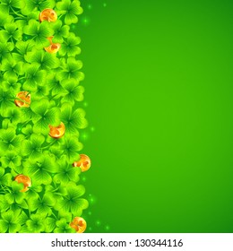 Saint Patrick's Day green vector background with lucky clovers and magic golden coins