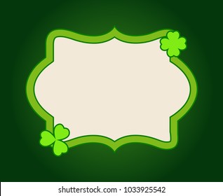 Saint Patrick's Day green vintage vector frame with clover shamrock leaves. Irish festival celebration greeting card design background.