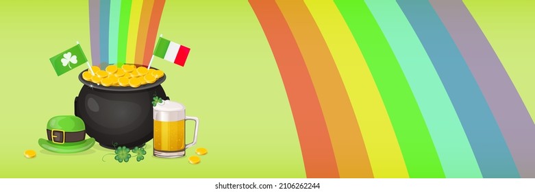 Saint Patricks Day greeting banner made with Leprechaun hat, pot of gold, Shamrock and glass of beer. Vector cartoon illustration with clover, rainbow and flags.