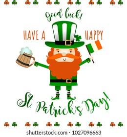 Saint Patricks Day greeting card. Doodle leprechaun vector