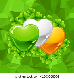 Saint Patricks Day greeting card. Holiday illustration with Irish flag hearts and clover.