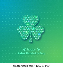 Saint Patrick's day greeting card. Shining clover leaf on green background. Vector illustration.