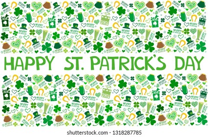 Tarjeta de saludo del día de San Patricio. El fondo del día de San Patricio con trébol de hojas, cerveza de pinta, trébol de hojas, decoración de pub, sombrero leprechaun, olla de monedas de oro y texto. Ilustración del vector