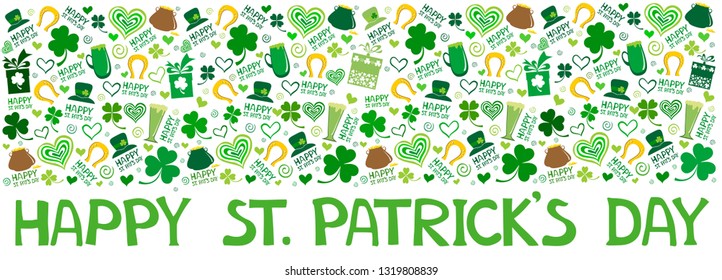 Saint Patrick's day greeting card. St. Patrick's day background with leaf clover, pint beer, leaf clover,  pub decoration, leprechaun hat, pot of gold coins and text. Vector illustration