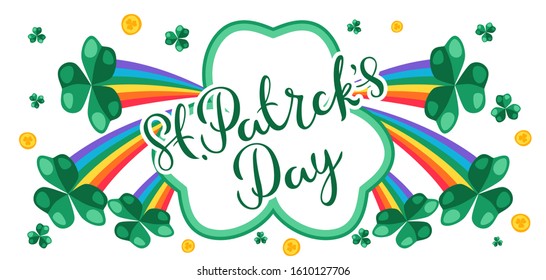 Saint Patricks Day greeting card. Holiday illustration with Irish symbol shamrock clover.
