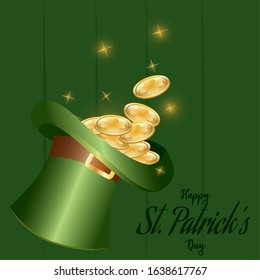 Saint patricks day greeting card with a traditional irish hat and golden coins - Vector