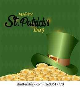 Saint patricks day greeting card with a traditional irish hat and golden coins - Vector