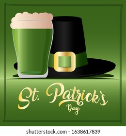 Saint patricks day greeting card with a green beer glass and hat - Vector