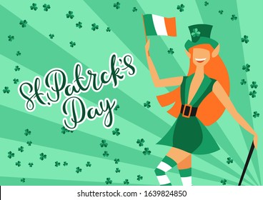 Saint Patricks Day greeting card with leprechaun girl. Holiday illustration with Irish symbol.