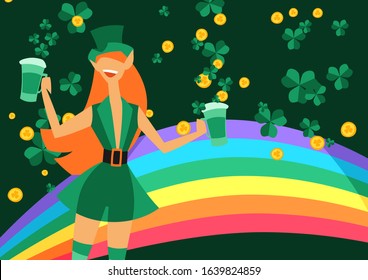Saint Patricks Day greeting card with leprechaun girl. Holiday illustration with Irish symbol.