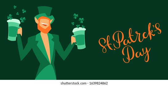 Saint Patricks Day greeting card with leprechaun. Holiday illustration with Irish symbol.